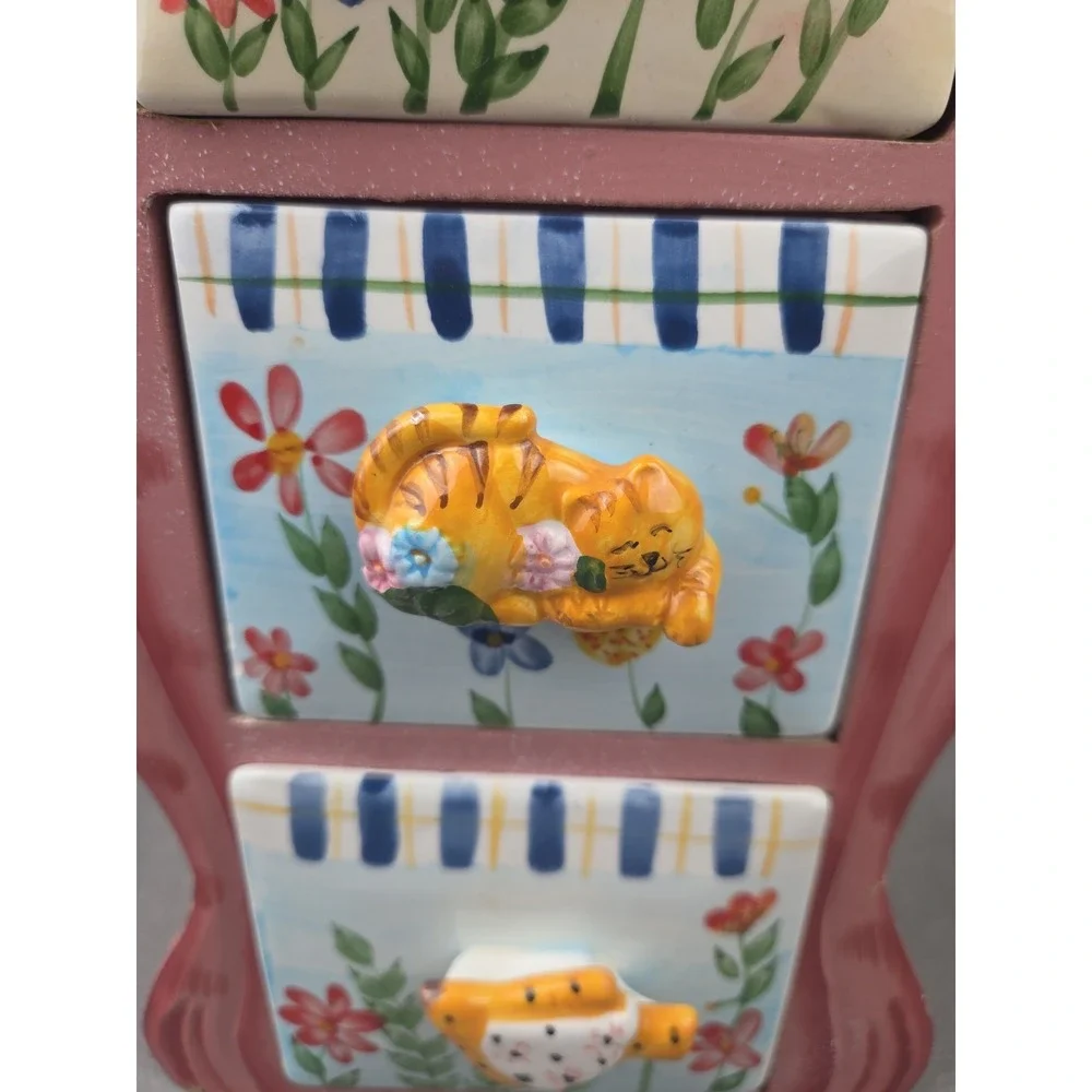 Vtg Wooden Cat Shaped 3 Drawer Ceramic Trinket Box Chest Storage Cottagecore